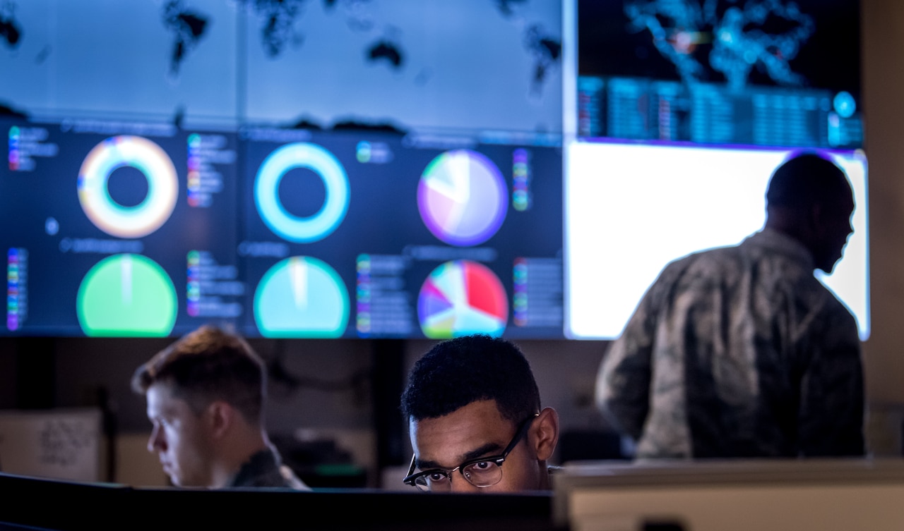 Cyber warfare operators assigned to the 275th Cyber Operations Squadron of the Maryland Air National Guard’s 175th Cyberspace Operations Group configure a threat intelligence feed for daily watch in the Hunter's Den at Warfield Air National Guard Base, Middle River, Md.