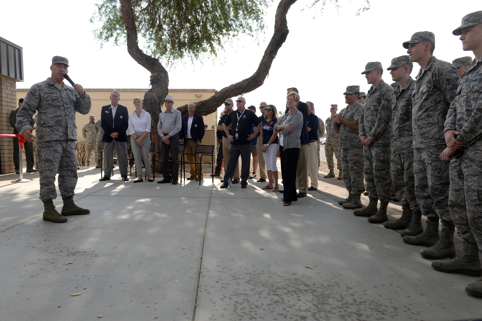 Brig. Gen. Brook Leonard, -56th Fighter Wing commander, talks to Airmen and private sponsors about the new flightline kitchen expansion at Luke Air Force Base, Ariz., June 14, 2018. The expansion gives maintainers and other Airmen who work on the flightline a comfortable place to enjoy meal breaks during work. (U.S. Air Force photo by Senior Airman Ridge Shan)