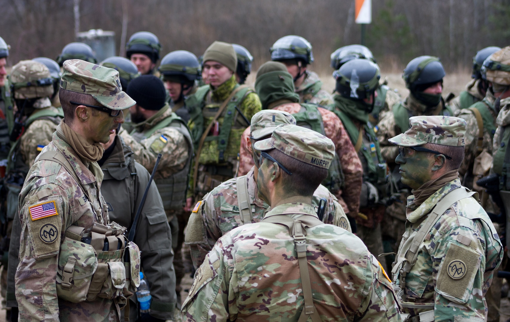 Officers and senior enlisted Soldiers from the 27th Infantry Brigade Combat Team assigned to the Joint Multinational Training Group – Ukraine prepare for a battalion field training exercise at the Yavoriv Combat Training Center here Mar. 15, 2018. Currently more than 220 New York National Guard Soldiers are assigned to the CTC where they are mentoring Ukrainian Army Soldiers as they strive toward obtaining NATO interoperability.