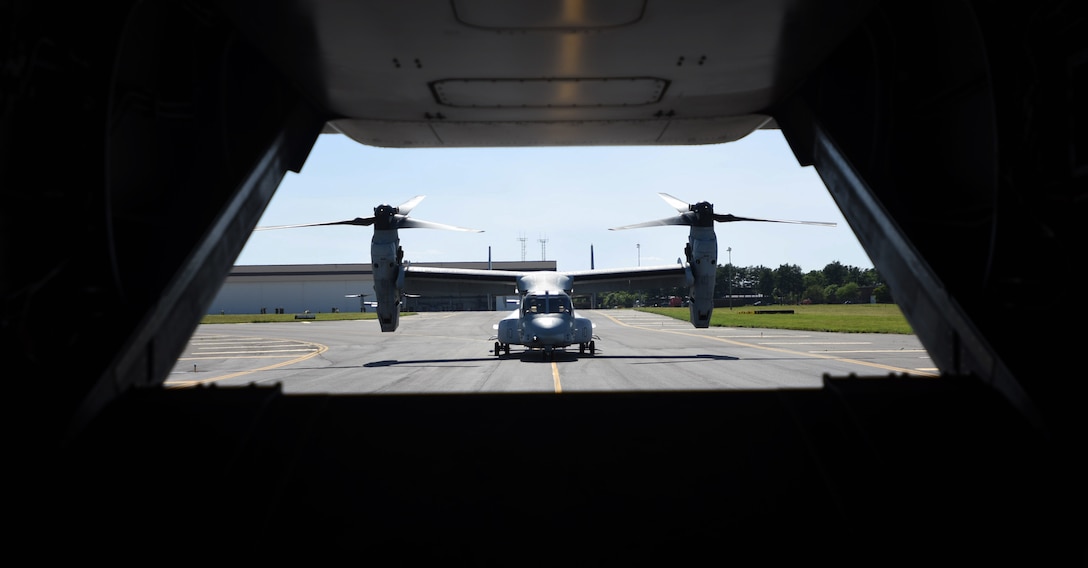 A U.S. Marine Corps MV-22 Osprey with Marine Medium Tiltrotor Squadron 774, Marine Aircraft Group 49, 4th Marine Air Wing, prepares for flight in support of an aerial aircraft refueling mission during the MAG-49 Combined Arms Exercise at Joint Base McGuire-Dix-Lakehurst, New Jersey, June 16, 2018. Joint Base MDL is the nation’s only tri-service installation and home to all five branches, making it an ideal location for the MCAX, a training drill consisting of active duty, Guard and Reserve components.