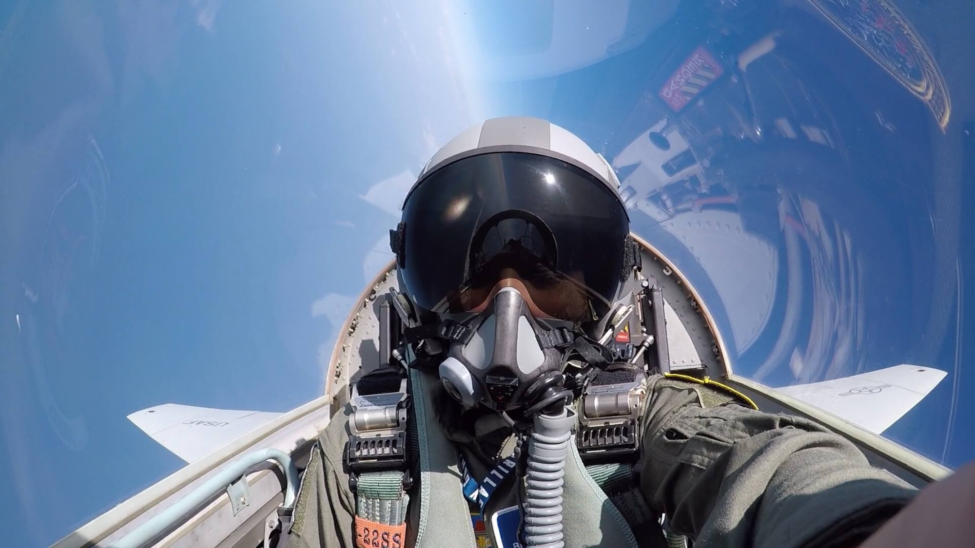 U.S. Air Force Airman 1st Class Brianna Lisner, 58th Fighter Squadron aerospace scheduler, takes a selfie in a T-38 Talon during an incentive flight June 7, 2018, at Eglin Air Force Base, Fla. (Courtesy photo)