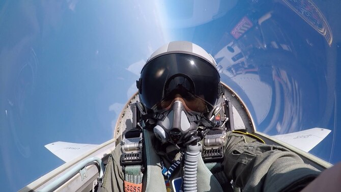 U.S. Air Force Airman 1st Class Brianna Lisner, 58th Fighter Squadron aerospace scheduler, takes a selfie in a T-38 Talon during an incentive flight June 7, 2018, at Eglin Air Force Base, Fla. (Courtesy photo)