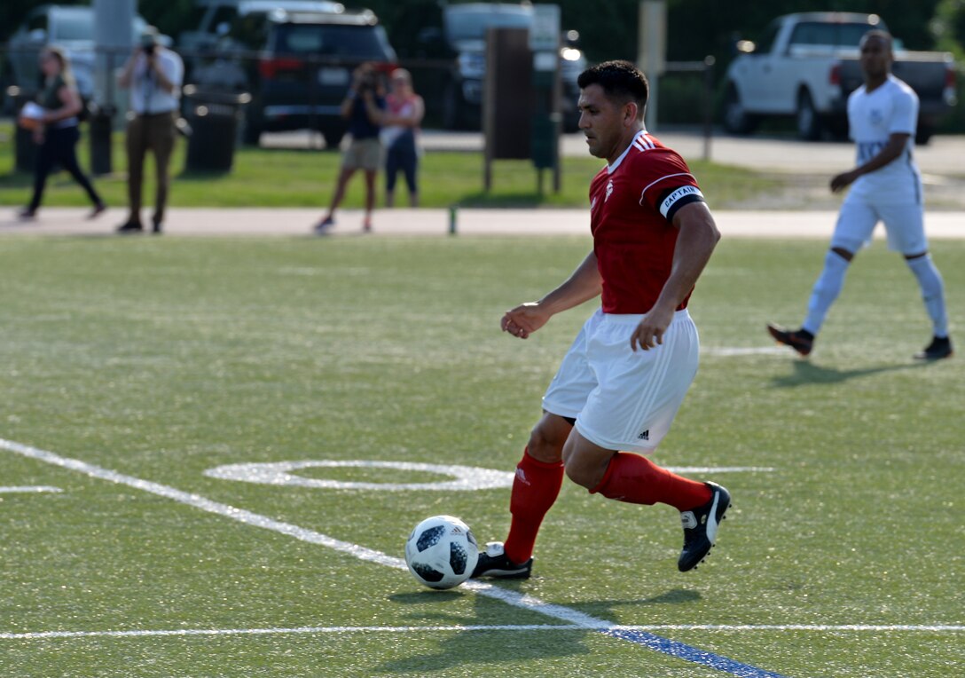 Marine Corps Gunnery Sgt. Alberto Boy competes for the first time at the Armed Forces Men’s Soccer Championship at Fort Bragg, N.C.