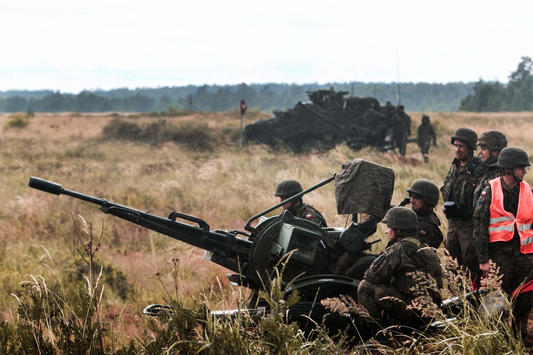 Polish and U.S. soldiers provide security during a multinational training event for Exercise Puma 2.