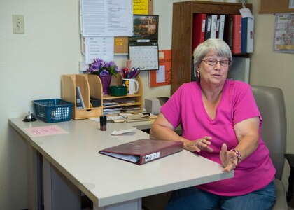 Barbara Bryant, manager of the Joint Base San Antonio-Randolph Thrift Shop, explains the thrift shop and the work it takes to run the shop June 18, 2018. The thrift shop has been serving the base and the people on it for more than 80 years.(U.S. Air Force photo by: Airman Shelby Pruitt)