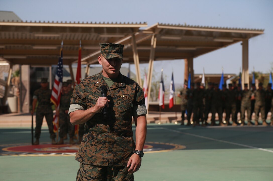 Lt. Col. Russell Savatt, on-coming commanding officer, Communication Training Battalion, Marine Corps Communication-Electronics School, gives his remarks at a change-of-command ceremony aboard the Marine Corps Air Ground Combat Center, Twentynine Palms, Calif., June 13, 2018. During the ceremony, Lt. Col. Barian Woodward relinquished command to Savant. (U.S. Marine Corps photo by Lance Cpl. Preston L. Morris)