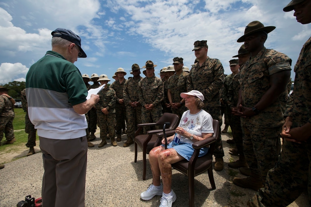 Retired 1st Sgt. George Willis speaks to the Marines of Chosin Rifle Range, Weapons Training Battalion, Weapons and Field Training Battalion, during a dedication ceremony in his honor May 24, 2018, on Parris Island, S.C. The Marines of Chosin Rifle Range dedicated and named the range control tower ‘Willis Tower’ to recognize Willis for his efforts during the historic battle in the Chosin Reservoir. (U.S. Marine Corps photo by Lance Cpl. Carlin Warren)