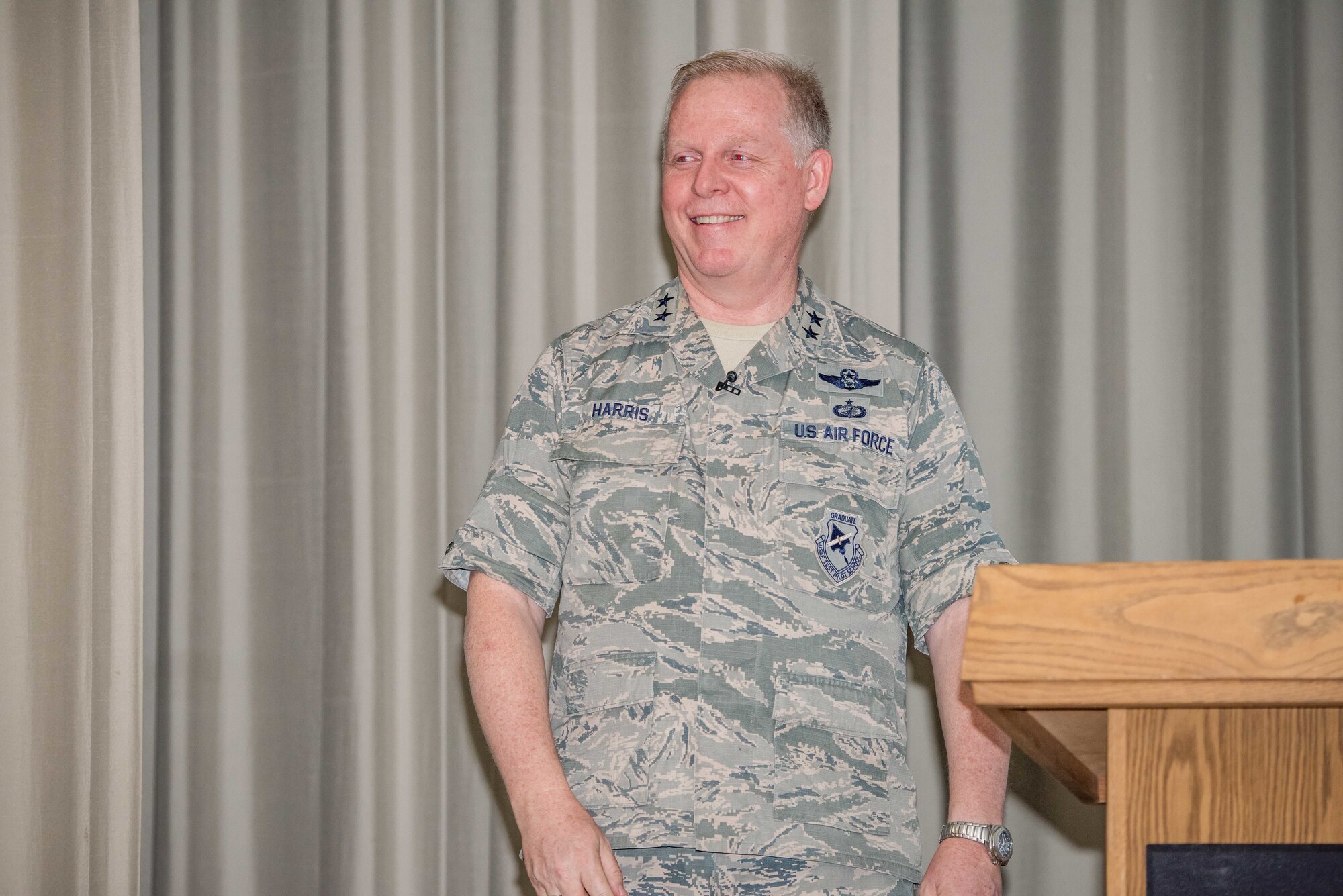 Maj. Gen. Davis Harris, Air Force Test Center commander, held a commander’s call at the base theater June 20. (U.S. Air Force photo by Matt Williams)