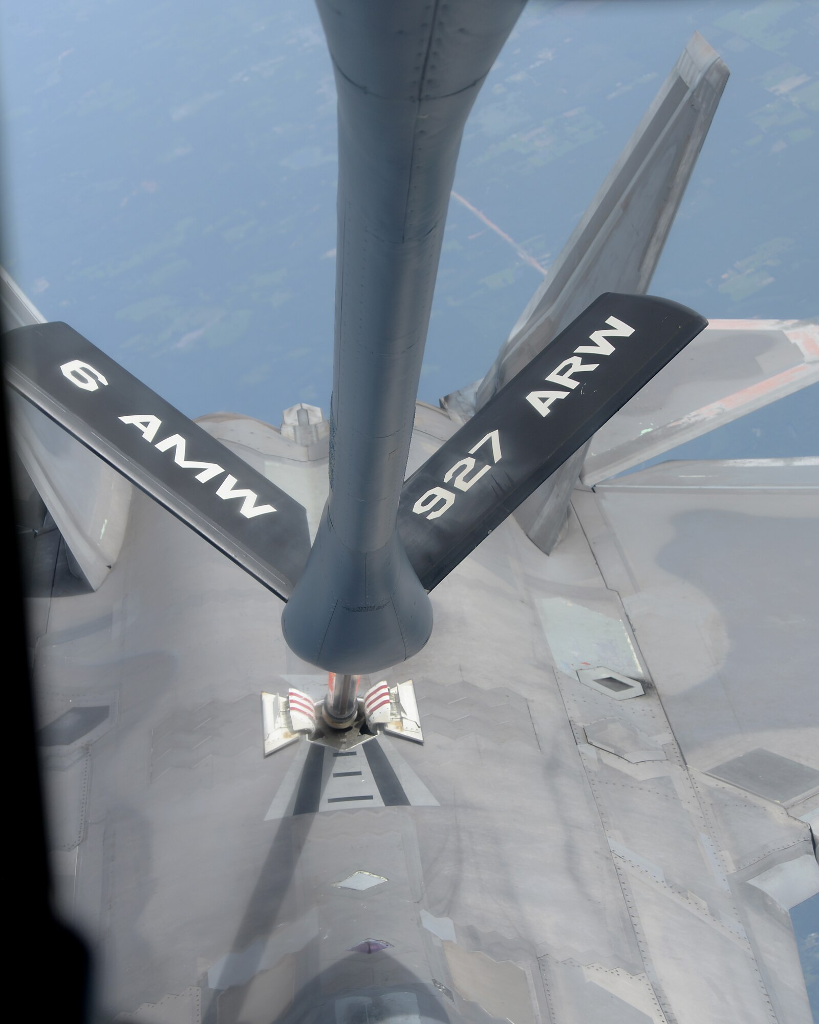 An F-22A Raptor assigned to Tyndall Air Force Base, Fla., receives fuel from a KC-135 Stratotanker aircraft assigned to MacDill Air Force Base, Fla, June 18, 2018.