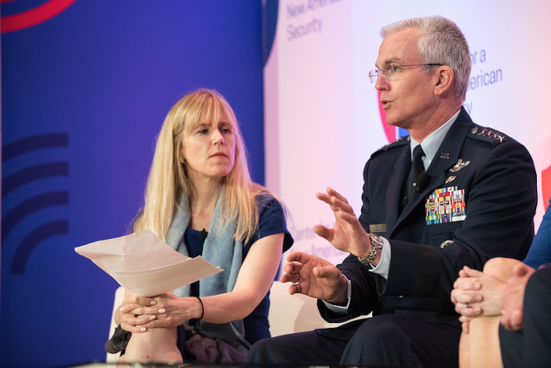 Air Force Gen. Paul J. Selva, vice chairman of the Joint Chiefs of Staff, answers a question from the audience during the Center for New American Studies 2018 Annual Strategic Competition Conference in Washington, D.C., June 21, 2018. Discussion topics included threats to U.S. competitive advantages and potential counter strategies. DoD photo by Army Sgt. James K. McCann