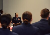 U.S. Air Force Col. Kari Stone, 17th Medical Operation Squadron outgoing commander, bids farewell during the MDOS Change of Command at the Event Center on Goodfellow Air Force Base, Texas, June 21, 2018. Stone expressed gratitude to Airmen of the 17th MDOS for their commitment to service. (U.S. Air Force photo by 2nd Lt. Wyatt Thomas/Released)