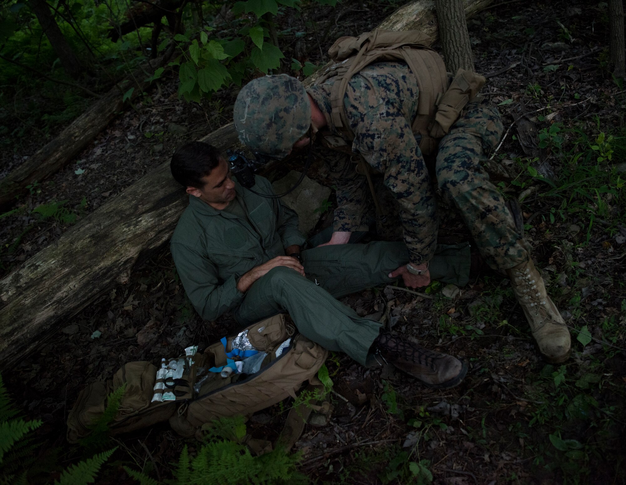 A Company F, 2nd Battalion, 25th Marine Regiment Marine gives medical attention to a crashed pilot during a reconnaissance exercise on Fort Indiantown Gap, P.A., June 14, 2018. The mission was to successfully rescue two crashed pilots in an organized manner without being attacked. (U.S. Air Force photo by Airman Ariel Owings)