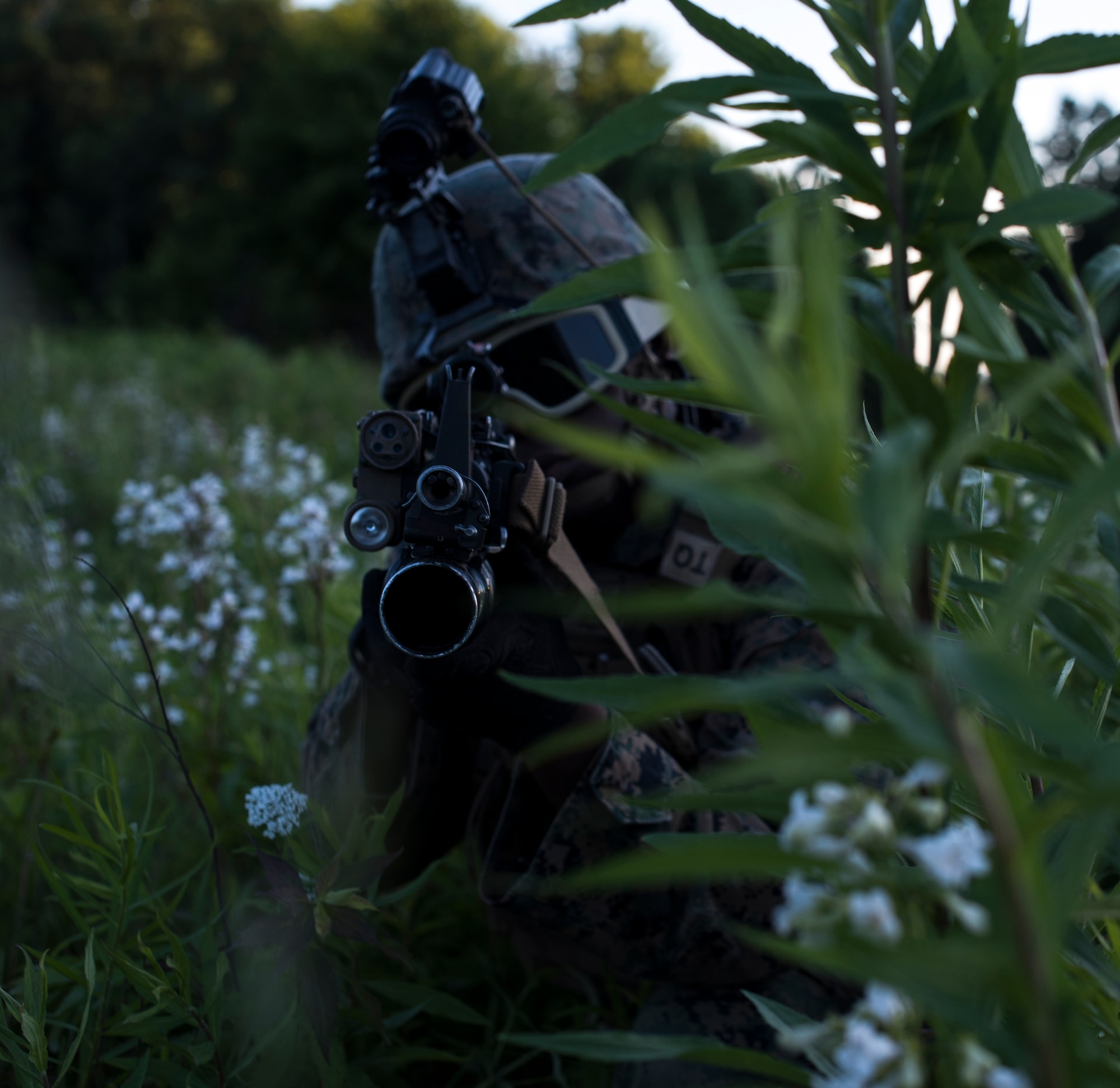A Company F, 2nd Battalion, 25th Marine Regiment Marine aims his weapon, scanning for opposing units during a reconnaissance exercise as a part of the 2018 Marine Aircraft Group-49 Combined Arms Exercise on Fort Indiantown Gap, P.A., June 14, 2018. Fifteen total force units including active duty, guard and reserve members across 14 East Coast states from Massachusetts to Florida participated in the annual large-scale exercise utilizing ground forces, aviation assets, indirect fires and other enablers to train air and ground forces together. (U.S. Air Force photo by Airman Ariel Owings)