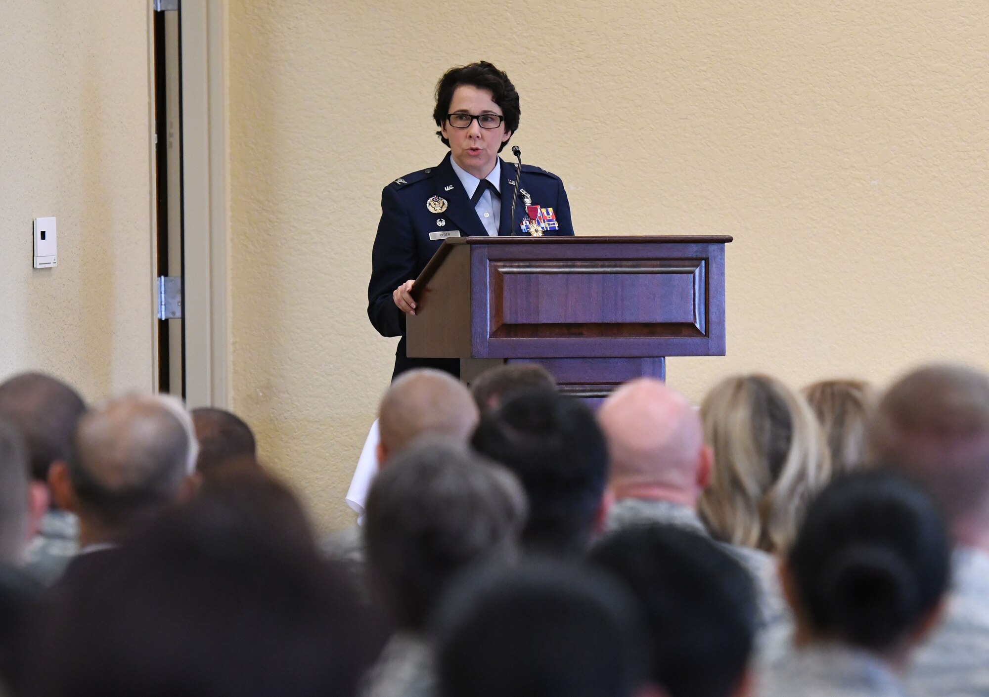 U.S. Air Force Col. Jeannine Ryder, outgoing 81st Medical Group commander, delivers remarks during the 81st MDG change of command ceremony in the Bay Breeze Event Center at Keesler Air Force Base, Mississippi, June 22, 2018. Ryder relinquished command of the 81st MDG and will be heading to the Air Force Material Command, Wright-Patterson Air Force Base, Ohio, where she will be the surgeon general. (U.S. Air Force photo by Kemberly Groue)