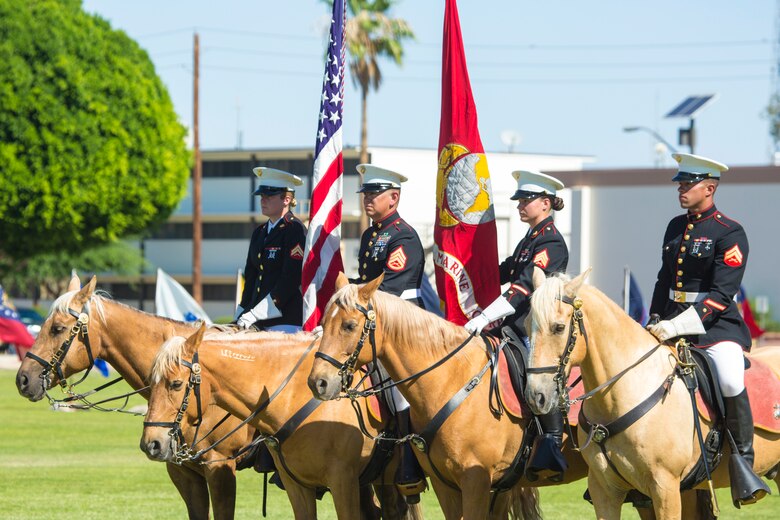 The Marine Corps Mounted Color Guard participates in a retirement ceremony on Marine Corps Air Station Yuma, Ariz., June 22, 2018. The mounted color guard is the only equestrian color guard in the Marine Corps, and is stationed at Marine Corps Logistics Base, Barstow, California. (U.S. Marine Corps photo by Sgt. Allison Lotz)