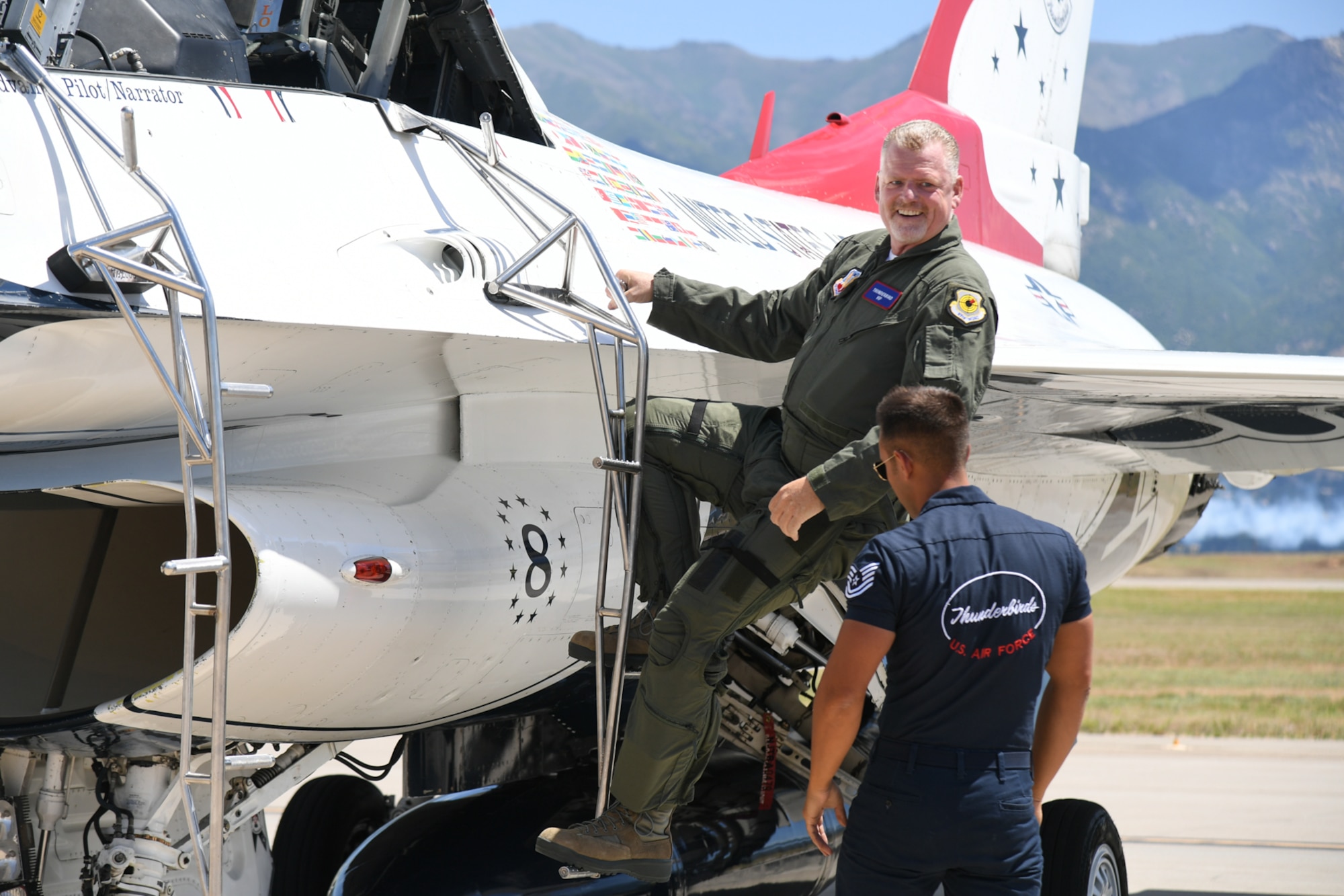 Sergeant Aaron Thompson, Utah Washington County Sheriff, is all smiles upon landing with U.S. Air Force Thunderbirds June 22, 2018, at Hill Air Force Base, Utah. He was selected to fly with the Thunderbirds as part of their Hometown Hero program. (U.S. Air Force photo by Cynthia Griggs)
