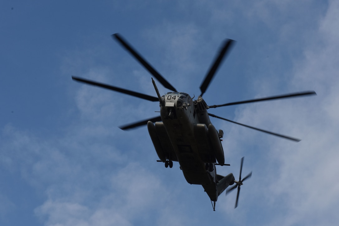 A Company F, 2nd Battalion, 25th Marine Regiment CH-53E Super Stallion lands during an airfield seizure exercise at Warren Grove Bombing Range, N.J., June 18, 2018. The exercise increased combined arms proficiency to prepare for real-life scenarios.