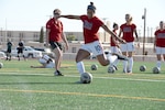 FORT BLISS, Texas. –  The USA team's  Lt. Junior Grade Kahra Kelty, United States Navy, competes with top military athletes at the 2018 CISM World Military Women’s Football Championship. International military teams squared off at Fort Bliss’ Stout Field June 22 - July 3, 2018 to eventually crown the best women soccer players among the international militaries participating. U.S. Navy photo by 

Mass Communication Specialists Second Class Jymyaka Braden (Released).