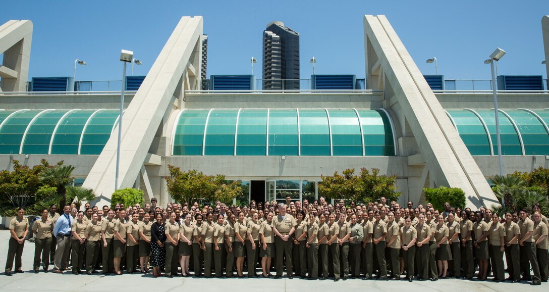 The Assistant Commandant of the Marine Corps Gen. Glenn M. Walters poses for a photo with women attending the 2018 Joint Women's Leadership Symposium, San Diego, Calif., June 22, 2018. JWLS is the largest annual gathering of women in uniform in the nation hosted by the Sea Service Leadership Association, and is dedicated to providing preemient professional development events to women serving in the Department of Defense and Coast Guard.