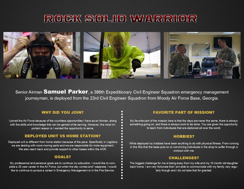Senior Airman Samuel Parker, a 386th Expeditionary Civil Engineer Squadron emergency management journeyman, is deployed from the 23rd Civil Engineer Squadron from Moody Air Force Base, Georgia.