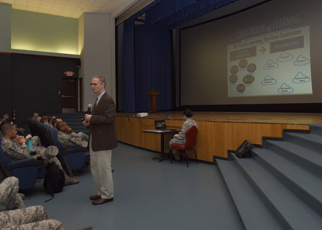 Dr. Jerry Coats, Executive Director of Innovation, Future Learning and Assessments, gives a presentation about the continuum of learning at Osan Air Base, Republic of Korea on June 14, 2018. Dr. Coats and several command chief master sergeants are traveling to different bases around the world to explain changes in how Airmen are going to be trained throughout their career. (U.S. Air Force photo by Staff Sgt. Tinese Jackson)