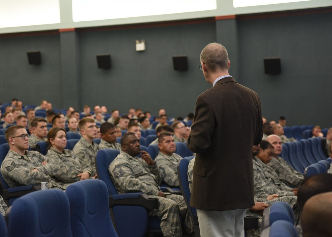 Dr. Jerry Coats, Executive Director of Innovation, Future Learning and Assessments, gives a presentation about the continuum of learning at Osan Air Base, Republic of Korea on June 14, 2018. Dr. Coats and several command chief master sergeants are traveling to different bases around the world to explain changes in how Airmen are going to be trained throughout their career. (U.S. Air Force photo by Staff Sgt. Tinese Jackson)