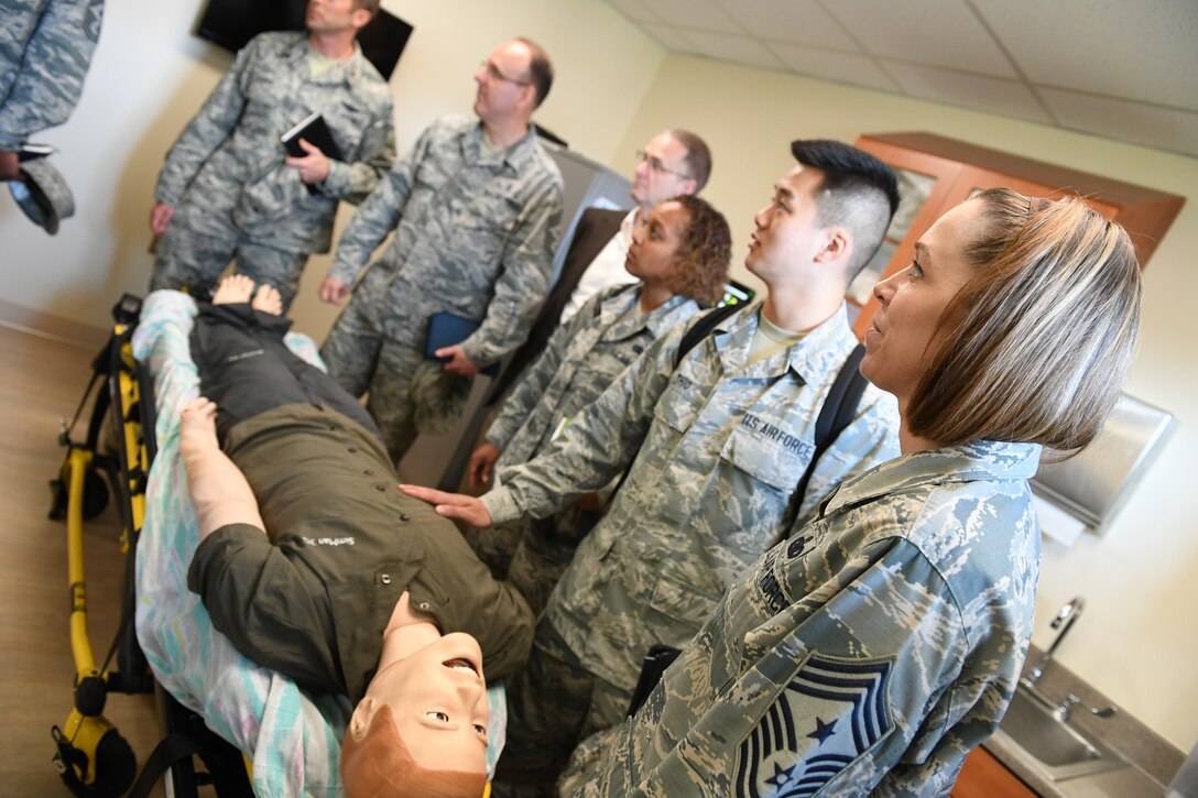 Command Chief Master Sgt. Juliet Gudgel, Air Education and Training Command command chief, and her team receive a demonstration at the 51st Medical Group on how they train on simulated patients at Osan Air Base, Republic of Korea on June 15, 2018. After the demonstration, the Airmen were given a chance to raise questions and concerns to the chiefs about how the medical Airmen can improve training for their newcomers. (U.S. Air Force photo by Staff Sgt. Benjamin Raughton)
