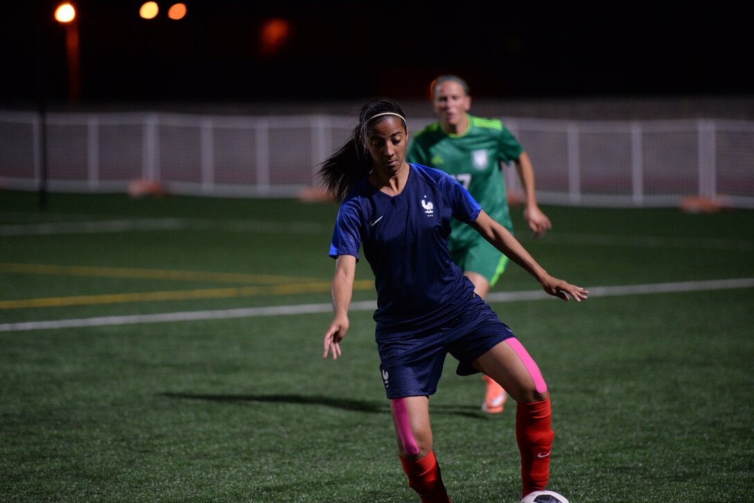 Elite women from France and Germany compete in the El Paso heat at Fort Bliss June 23, at the 2018 Conseil International du Sport Militaire (CISM) World Military Women’s Football Championship. International military teams squared off to eventually crown the best women soccer players among the international militaries participating