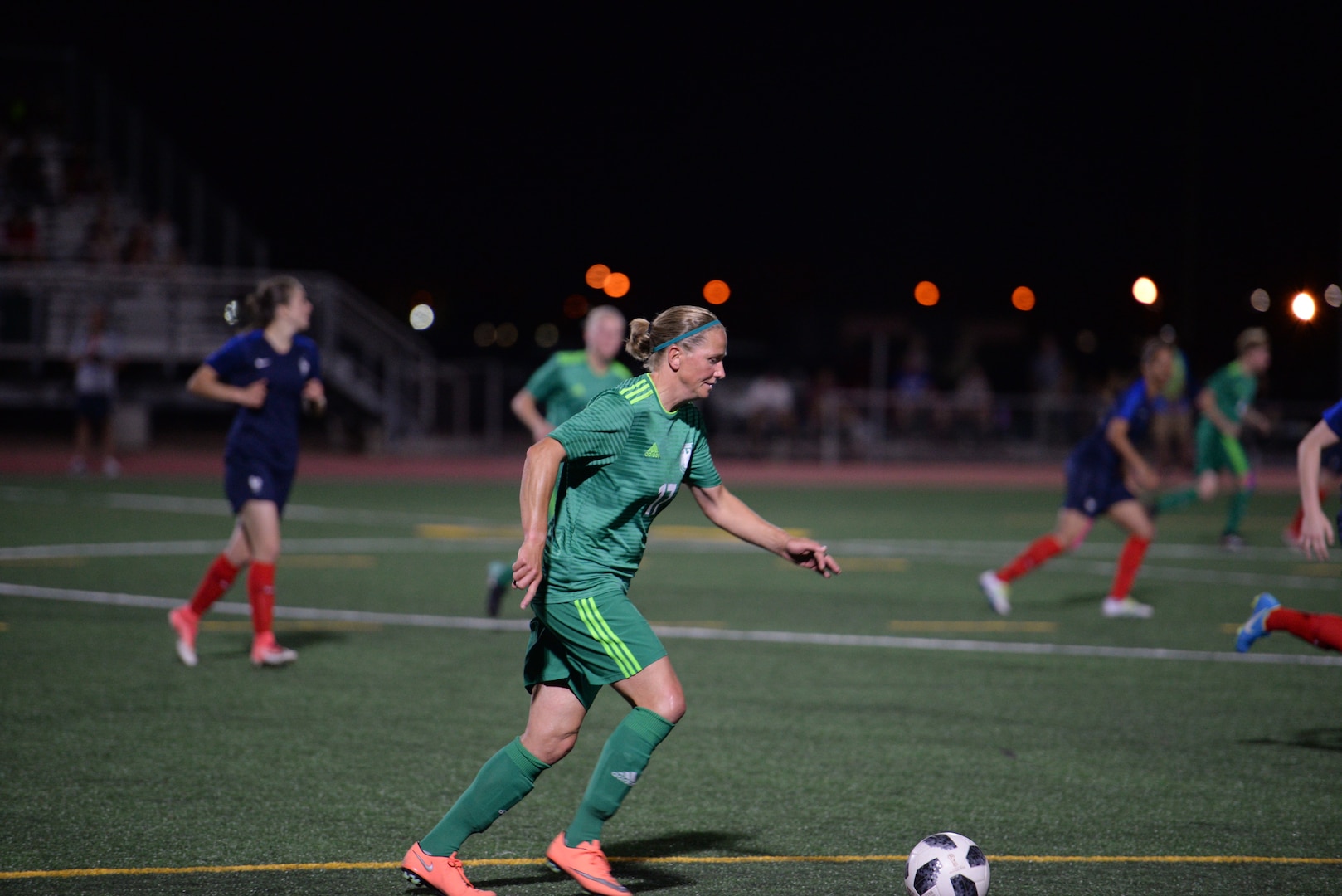 Elite women from France and Germany compete in the El Paso heat at Fort Bliss June 23, at the 2018 Conseil International du Sport Militaire (CISM) World Military Women’s Football Championship. International military teams squared off to eventually crown the best women soccer players among the international militaries participating
