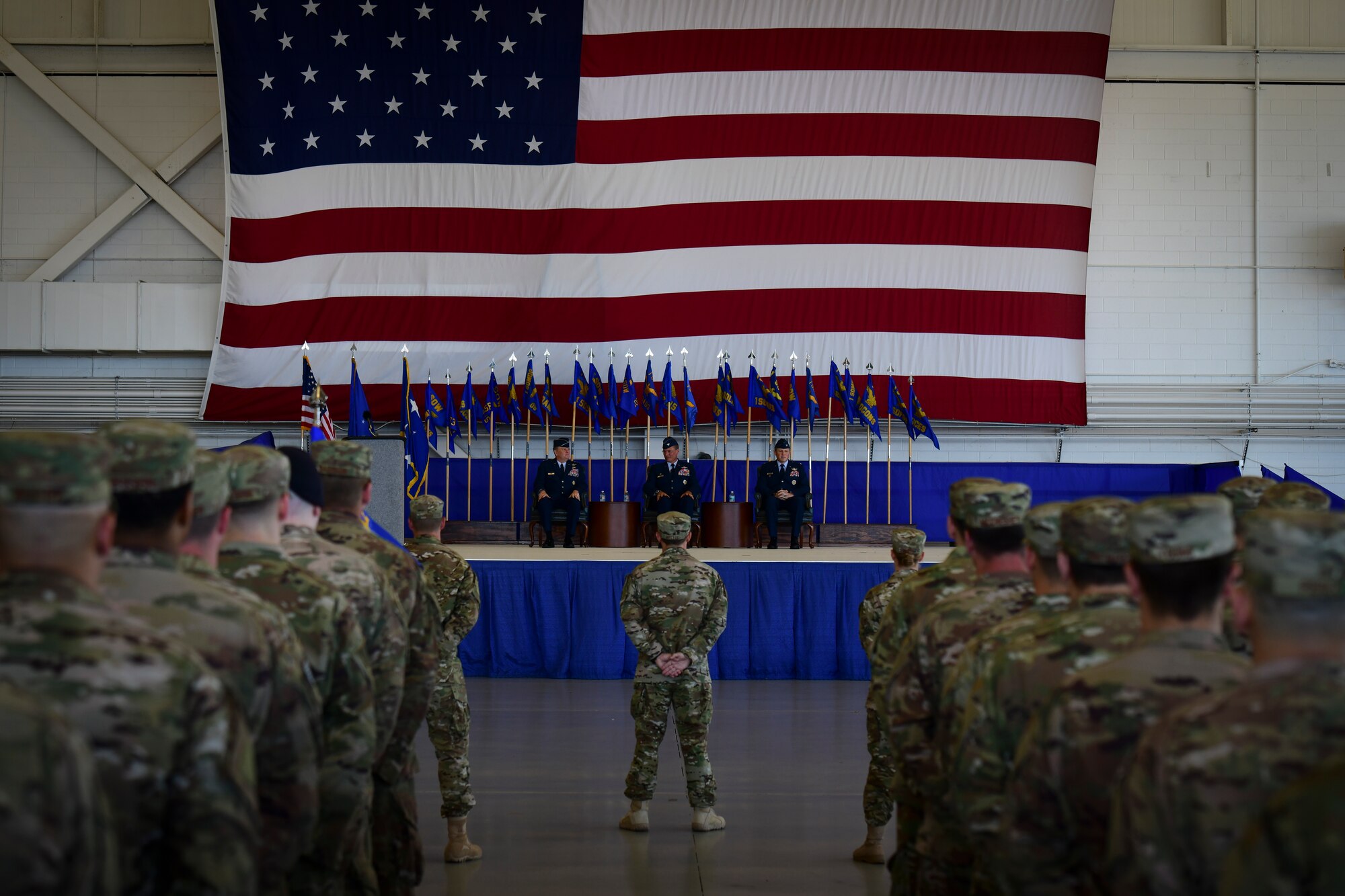 Air Commandos gather for the 1st Special Operations Wing change of command ceremony at Hurlburt Field, Fla., June 22, 2018. U.S. Air Force Col. Tom Palenske, outgoing commander of the 1st SOW, relinquished command to U.S. Air Force Col. Michael Conley, former vice commander of the 27th Special Operations Wing, Cannon Air Force Base, New Mexico, after leading the wing for approximately three years as both the vice and wing commander.