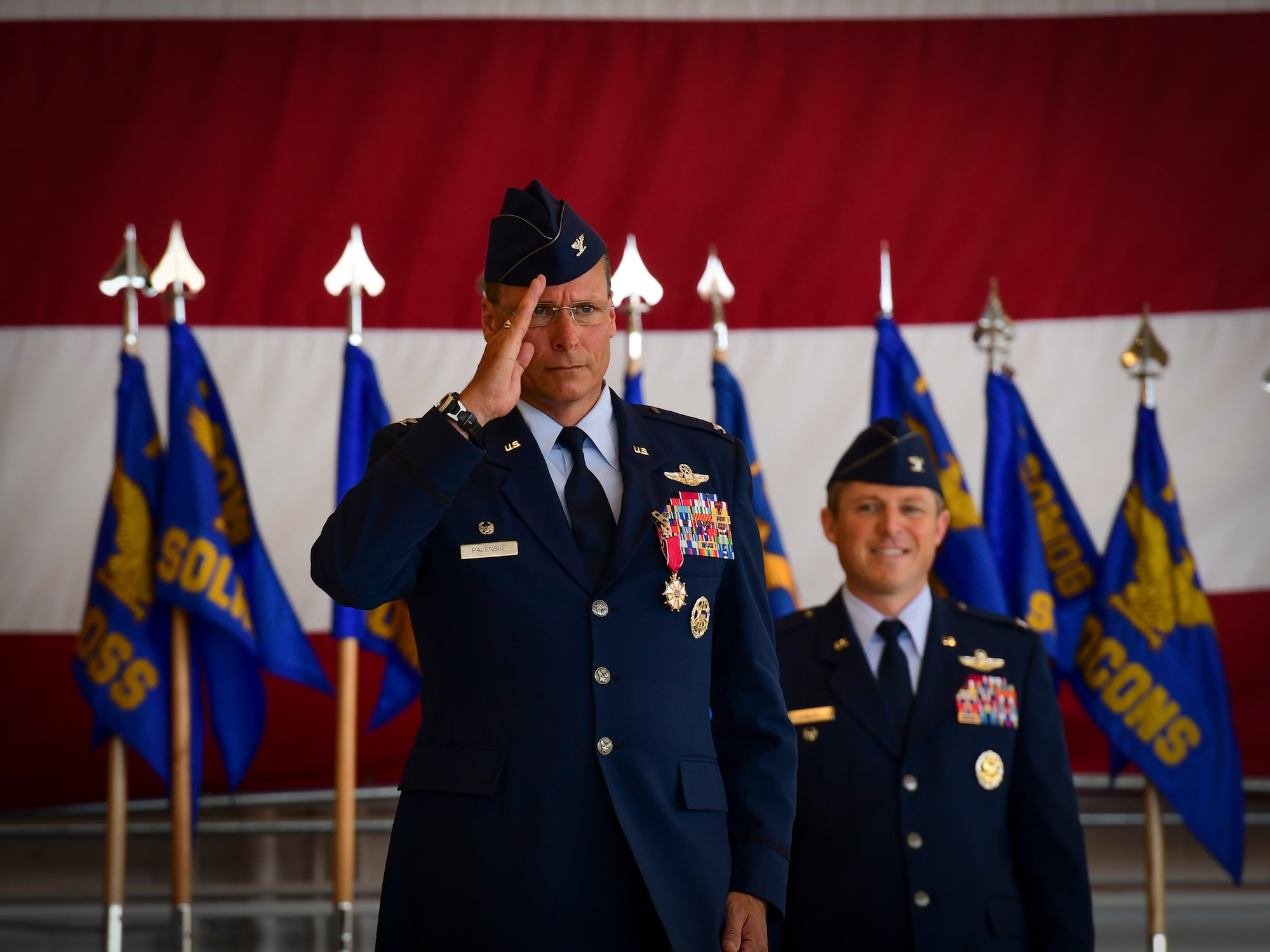 Air Commandos gather for the 1st Special Operations Wing change of command ceremony at Hurlburt Field, Fla., June 22, 2018. U.S. Air Force Col. Tom Palenske, outgoing commander of the 1st SOW, relinquished command to U.S. Air Force Col. Michael Conley, former vice commander of the 27th Special Operations Wing, Cannon Air Force Base, New Mexico, after leading the wing for approximately three years as both the vice and wing commander.