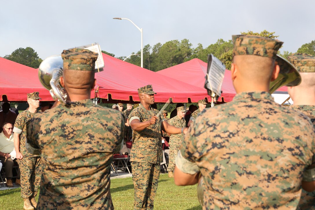 Brig. Gen. Joseph F. Shrader, commanding general, Marine Corps Logistics Command, Maj. Gen. Craig C. Crenshaw, colors, change of command ceremony, Schmidt Field aboard Marine Corps Logistics Base Albany, Ga., Lt. Gen. Michael Dana, deputy commandant, Installations and Logistics, Marine Forces Reserve Band