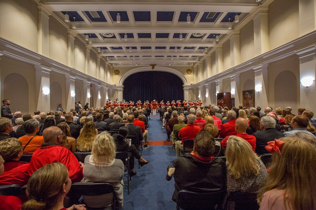 Marines with “The Commandant’s Own” U.S. Marine Drum & Bugle Corps perform a musical ballad during a Friday Evening Indoor Ceremony at Marine Barracks Washington D.C., June 22, 2018. The guest of honor for the ceremony was Secretary of the Navy, Richard V. Spencer, and the hosting official was the Commandant of the Marine Corps, Gen. Robert B. Neller. (Official Marine Corps photo by Sgt. Robert Knapp/Released)