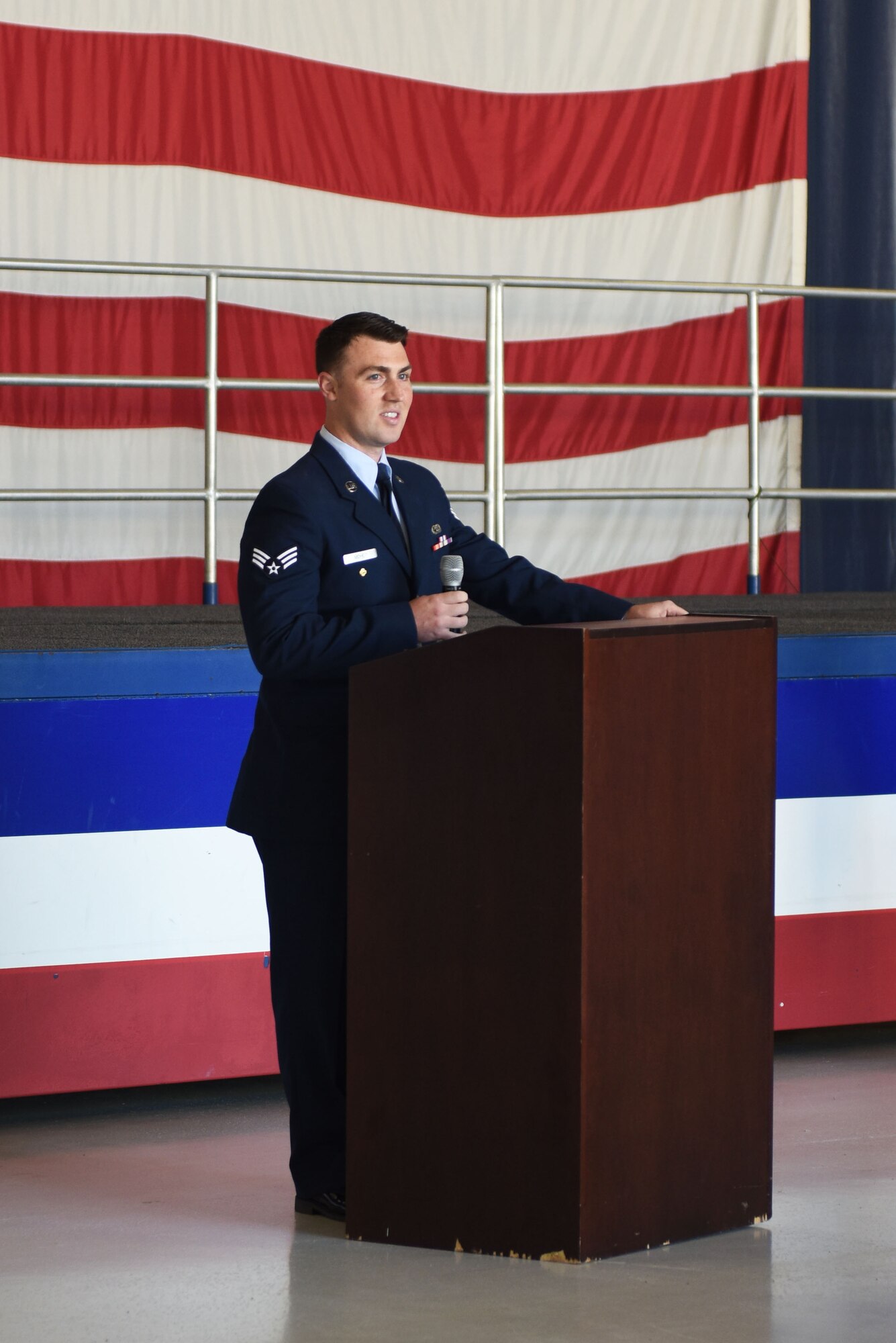 U.S. Air Force Senior Airman Cory Moheit, 20th Component Maintenance Squadron electronic warfare systems team member, speaks at his brothers memorial at Shaw Air Force Base, S.C., June 20, 2018.