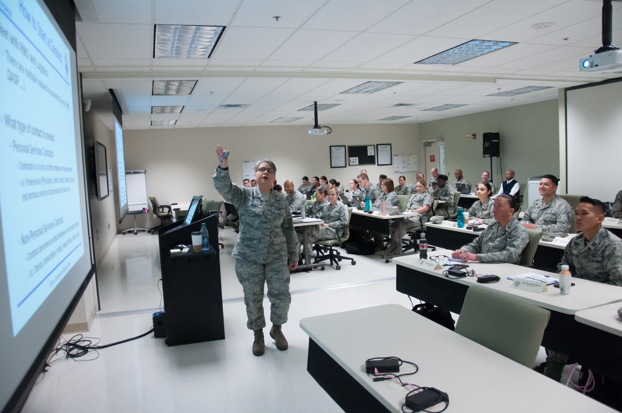 Capt. Marina Boles, Health Services Administration Medical Readiness Management course instructor, Joint Base San Antonio, Fort Sam Houston, conducts a training session during the second pilot of the Basic Leader Airman Skills Training course, held at the United States Air Force School of Aerospace Medicine at Wright-Patterson Air Force Base, Ohio May 24, 2018.