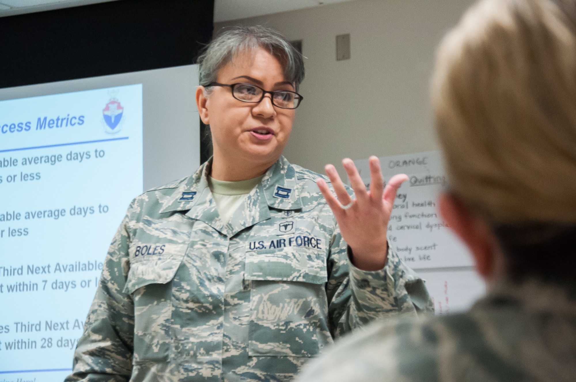 Capt. Marina Boles, Health Services Administration Medical Readiness Management course instructor, Joint Base San Antonio, Fort Sam Houston, conducts a training session during the second pilot of the Basic Leader Airman Skills Training course, held at the United States Air Force School of Aerospace Medicine at Wright-Patterson Air Force Base, Ohio May 24, 2018.