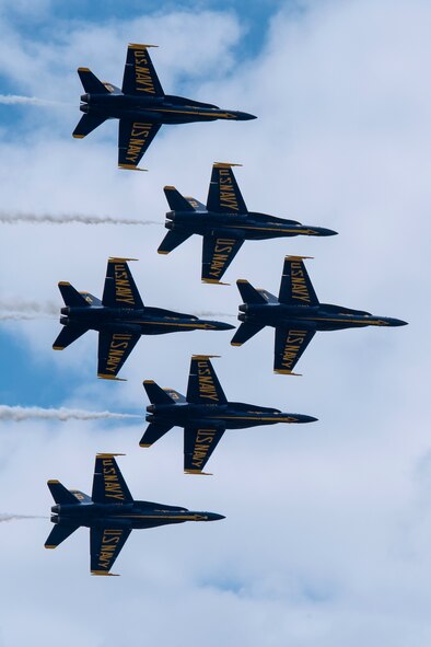 The U.S. Navy Blue Angels perform at the Vectren Dayton Air Show on 23 June 2018. The mission of the Blue Angels is to showcase the pride and professionalism of the United States Navy and Marine Corps by inspiring a culture of excellence and service to country through flight demonstrations and community outreach. (U.S. Air Force photo by Ken LaRock)