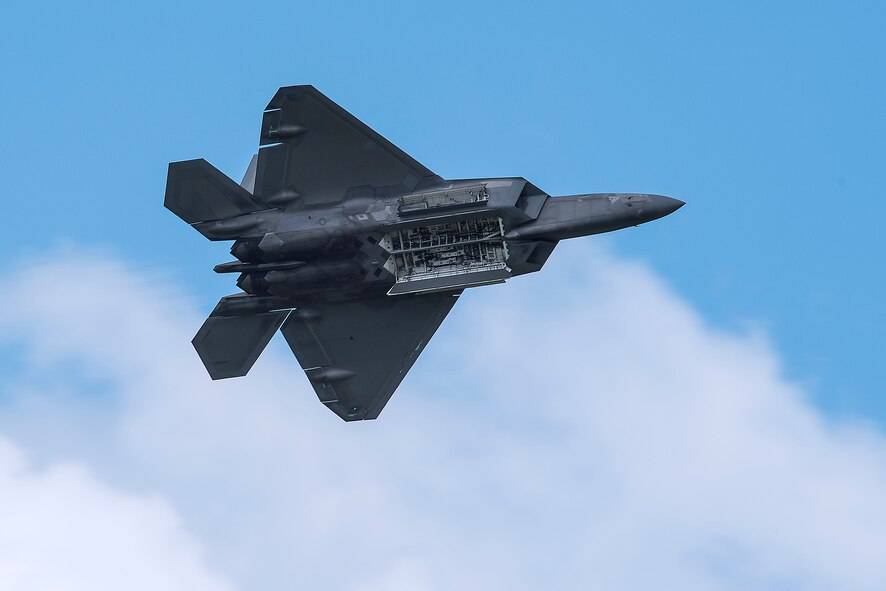 An F-22 Raptor performance at the Vectren Dayton Air Show on 23 June 2018. This aircraft was flown by Major Lopez during the air show. (U.S. Air Force photo by Ken LaRock)