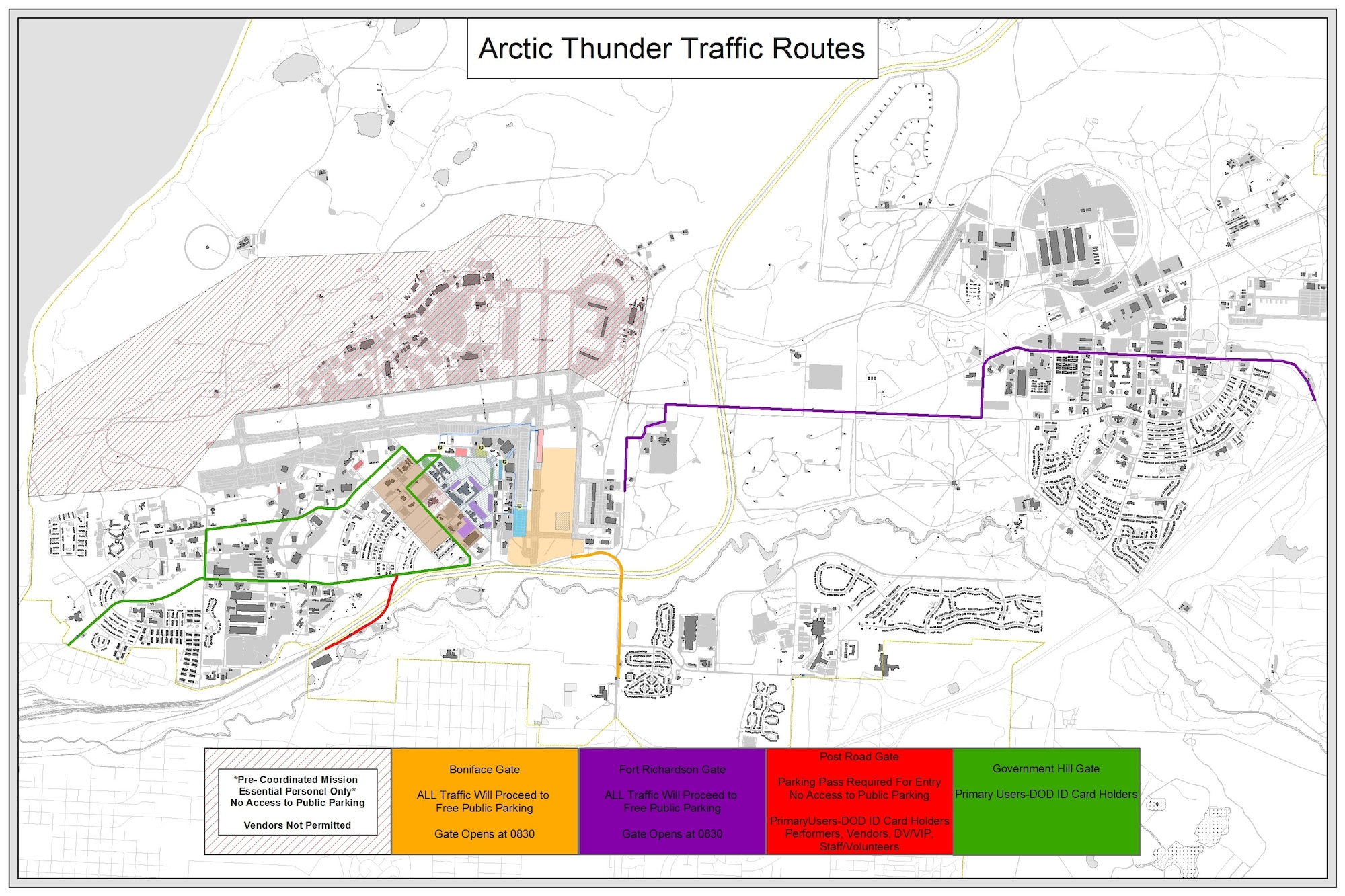 Be aware, several traffic patterns throughout the base will change during the Arctic Thunder Open House on June 30 and July 1, 2018.