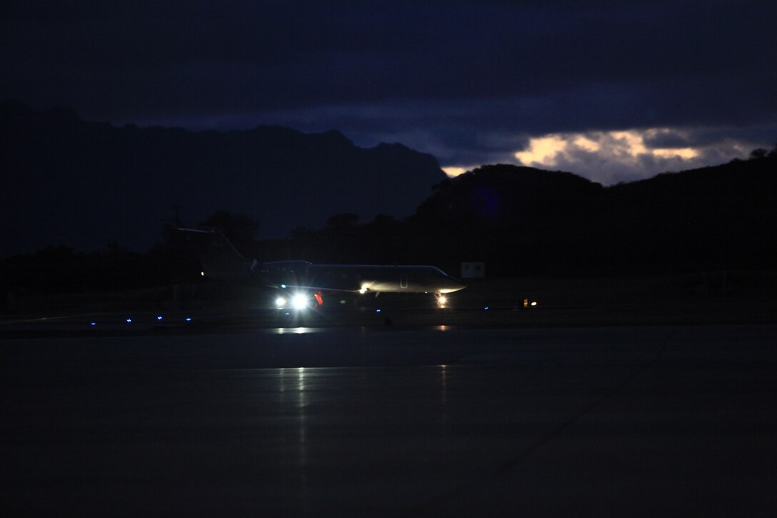 A C-20 Gulfstream logistics aircraft, also nicknamed the "Ghost," assigned to Fleet Logistics Support Squadron 51, taxis onto the airfield on Marine Corps Air Station Kaneohe, Marine Corps Base Hawaii (MCBH), June 21, 2018. Lt. Col. Phillip Herschelman, the director of S-3/5, MCBH, landed his Gulfstream for the last time before his retirement. Herschelman and the Gulfstream was sprayed with water as a ceremonial salute for his final flight in the U.S. Marine Corps. (U.S. Marine Corps photo by Sgt. Jesus Sepulveda Torres)