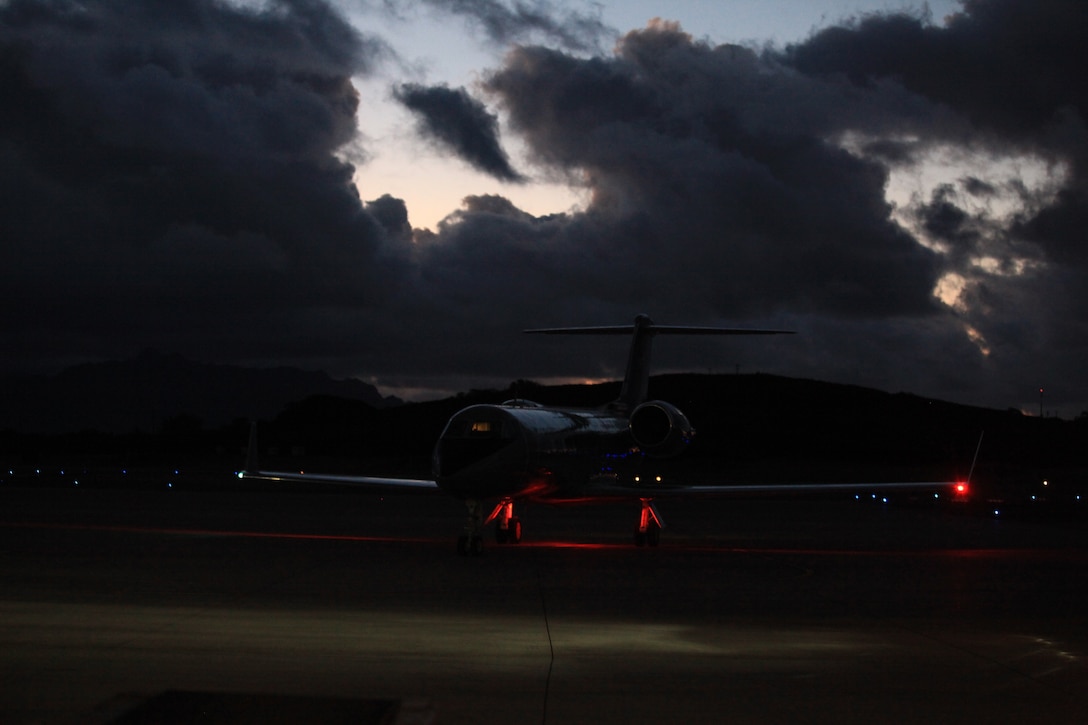 A C-20 Gulfstream logistics aircraft, also nicknamed the "Ghost,"assigned to Fleet Logistics Support Squadron 51, taxies onto the airfield on MArine Corps Air Station Kaneohe, Marine Corps Base Hawaii (MCBH), June 21, 2018. Lt. Col. Phillip Herschelman, the director of S-3/5, MCBH, landed his Gulfstream for the last time before his retirement. Herschelman and the Gulfstream was sprayed with water as a ceremonial salute for his final flight in the U.S. Marine Corps. (U.S. Marine Corps photo by Sgt. Jesus Sepulveda Torres)