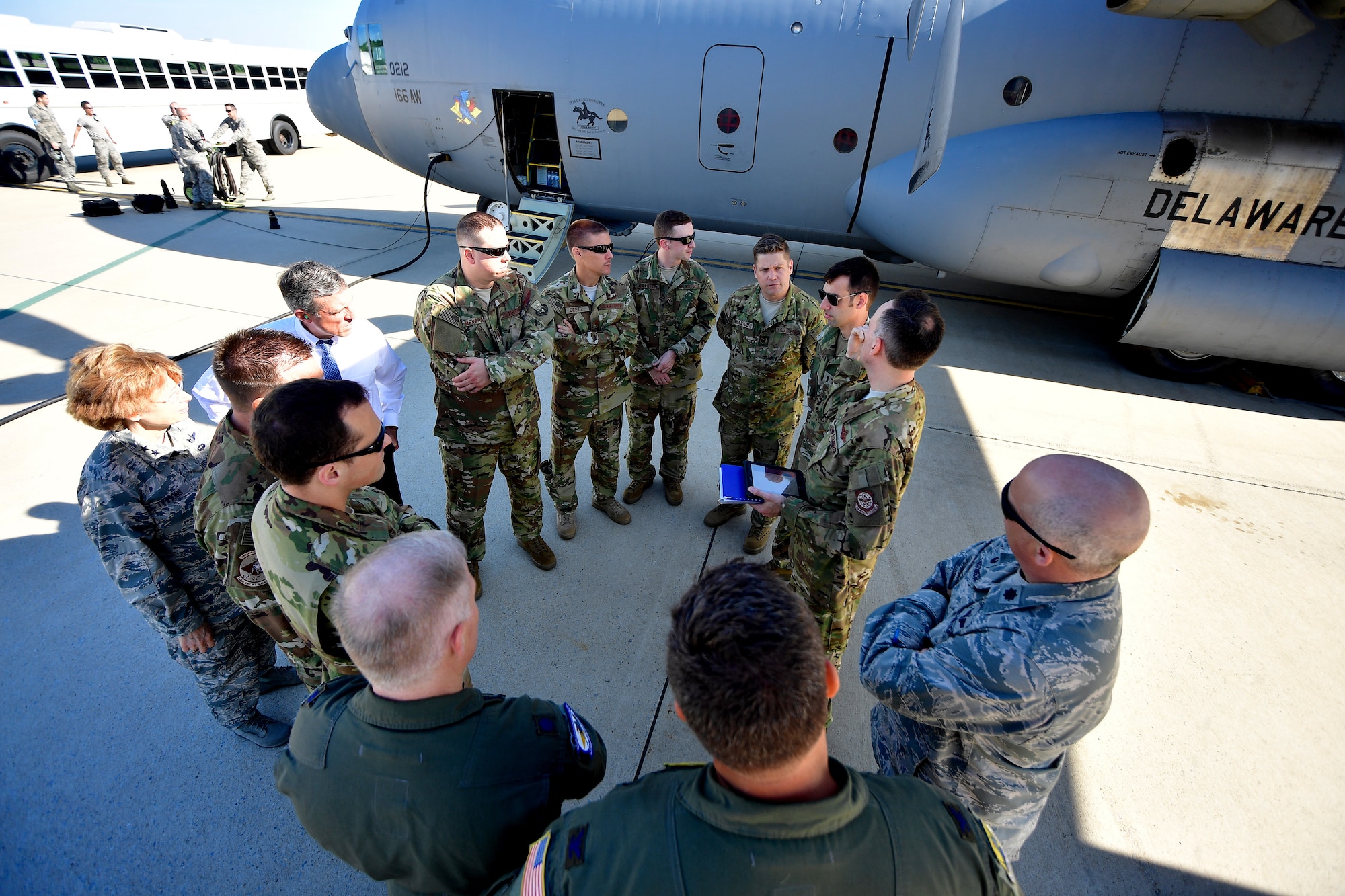 Delaware Gov. John Carney speaks with Airmen prior to their departure for a deployment at New Castle Air National Guard Base, Del., June 25, 2018. In addition to Gov. Carney, The Adjutant General - Air, Delaware National Guard, Maj. Gen. Carol Timmons attended the farewell event to send off deploying ANG Airmen. (U.S. Air National Guard photo by Staff Sgt. John Michaels)