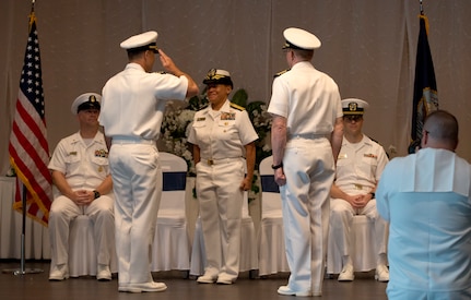 U.S. Navy Capt. Kevin Byrne, former commander of Naval Nuclear Power Training Command, accepts the position as deputy commander of Joint Base Charleston and commanding officer of Naval Support Activity Charleston, during a change of command ceremony June 25, 2018, at the Red Bank Club, Joint Base Charleston’s Naval Weapons Station.