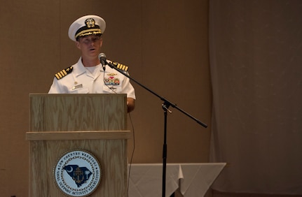 U.S. Navy Capt. Kevin Byrne, former commander of Naval Nuclear Power Training Command, delivers remarks during a change of command ceremony June 25, 2018, at the Red Bank Club, Joint Base Charleston’s Naval Weapons Station.