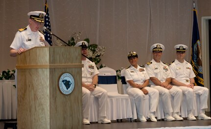 U.S. Navy Capt. Robert Hudson, outgoing deputy commander of Joint Base Charleston and commanding officer of Naval Support Activity Charleston, gives his remarks during a change of command ceremony June 25, 2018, at the Red Bank Club, Joint Base Charleston’s Naval Weapons Station.