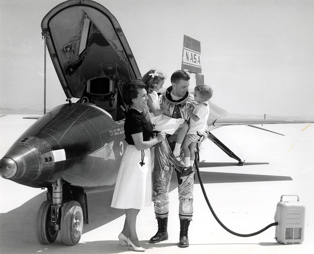 #OTD 29 Jun 1965 at Edwards - Captain Joe Engle reached 280,600 feet (53 miles) in X-15 No. 3, becoming the third Air Force winged astronaut, and the youngest pilot, to receive astronaut wings.  In this Edwards History Office file photo, Capt. Engle is with his wife Mary, daughter Laurie and son Jon.