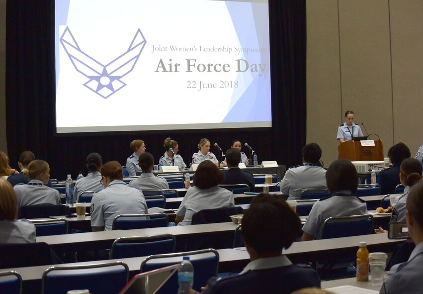 Speakers share insight during an Air Force-specific breakout discussion at the 2018 Joint Women's Leadership Symposium June 22, 2018, in San Diego, Calif. This year’s theme “The Power Within You” featured practical workshops, joint discussion boards, an international speakers panel and service specific breakout sessions intended to promote personal and professional development. (U.S. Air Force photo by 1st Lt. Annabel Monroe)