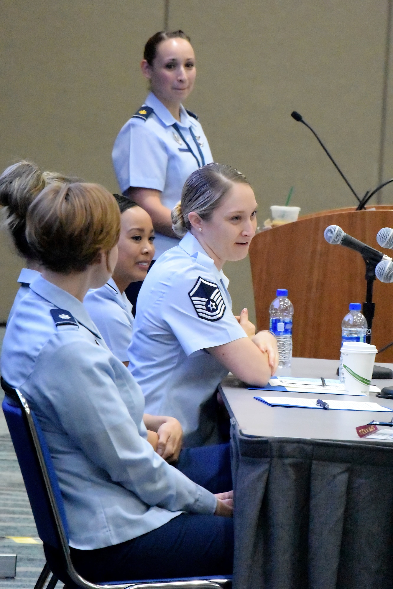 Speakers share insight during an Air Force-specific breakout discussion at the 2018 Joint Women's Leadership Symposium June 22, 2018, in San Diego, Calif. This year’s theme “The Power Within You” featured practical workshops, joint discussion boards, an international speakers panel and service specific breakout sessions intended to promote personal and professional development. (U.S. Air Force photo by 1st Lt. Annabel Monroe)