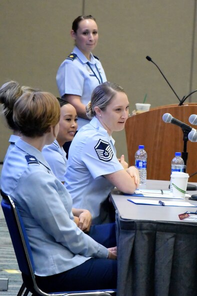 Speakers share insight during an Air Force-specific breakout discussion at the 2018 Joint Women's Leadership Symposium June 22, 2018, in San Diego, Calif. This year’s theme “The Power Within You” featured practical workshops, joint discussion boards, an international speakers panel and service specific breakout sessions intended to promote personal and professional development. (U.S. Air Force photo by 1st Lt. Annabel Monroe)