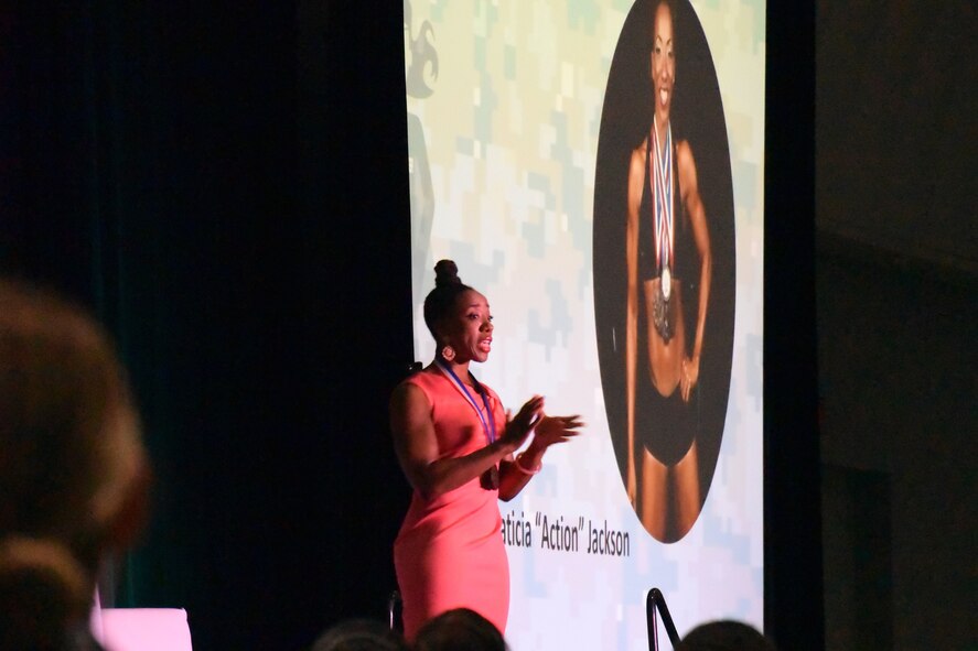 Air Force veteran, Olympian and motivational speaker, Laticia “Action” Jackson kicked off the 2018 Joint Women's Leadership Symposium June 21, 2018, in San Diego, Calif. This year’s theme “The Power Within You” featured practical workshops, joint discussion boards, an international speakers panel and service specific breakout sessions intended to promote personal and professional development. (U.S. Air Force photo by 1st Lt. Annabel Monroe)